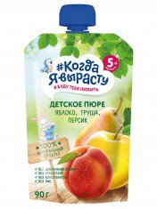 КОГДА Я ВЫРАСТУ Пюре фруктовое ЯБЛОКО ГРУША ПЕРСИК без сахара, с 5 мес. Дой-пак /90  №1210209700